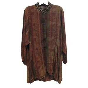 URU Womens Tunic Top One Size Brown Printed Wearable Art Lagenlook Button Up